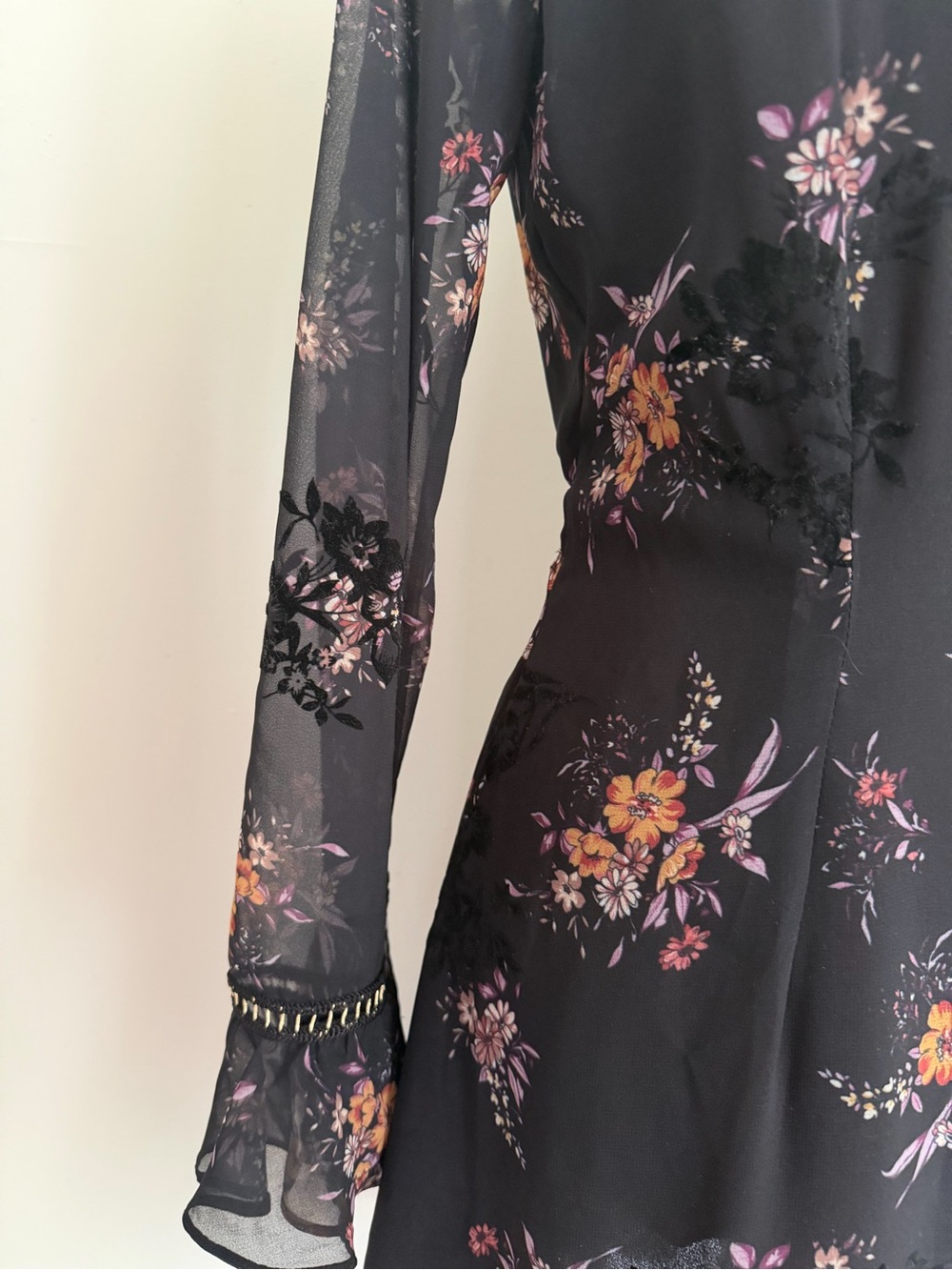 Atina Cristina Black Floral Mini Dress with Sheer Long Sleeves